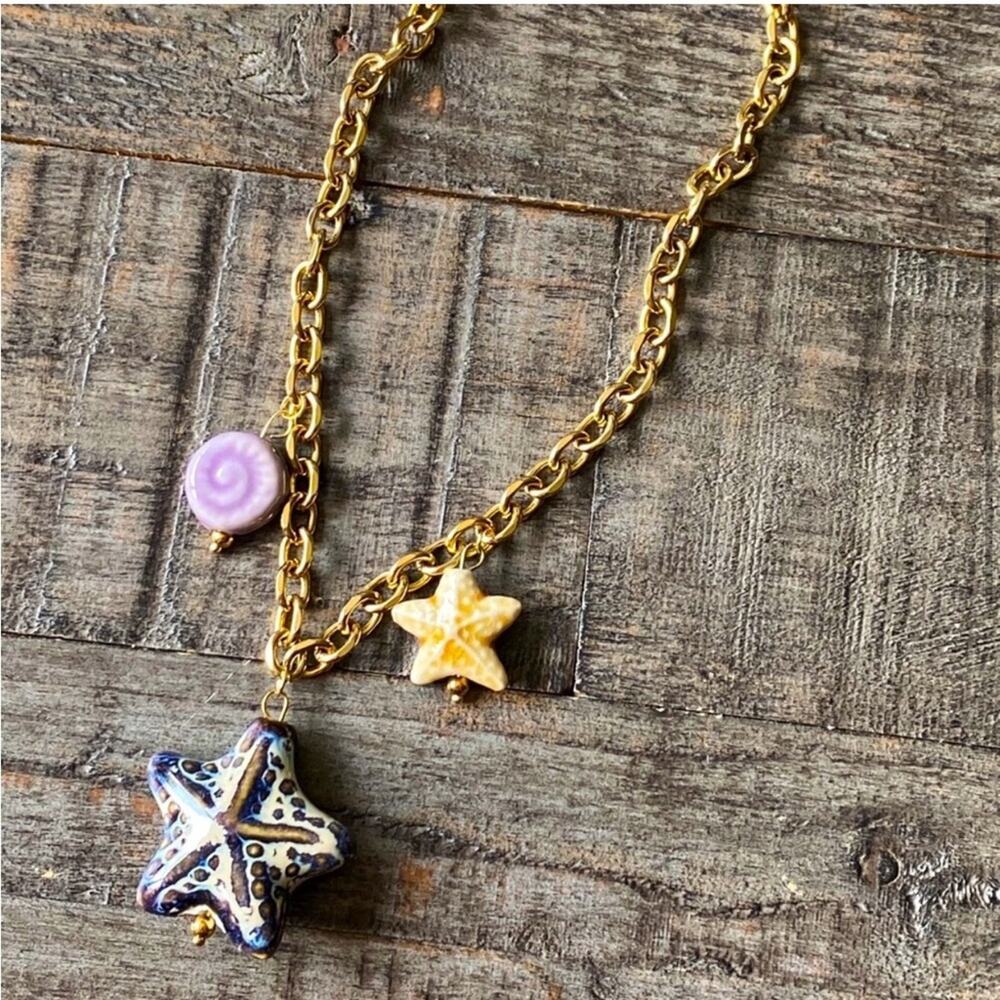 NEW Ceramic Starfish Gold Link Charm Necklace
